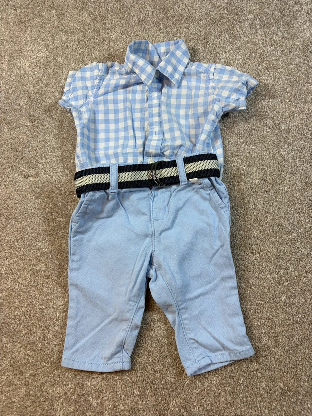 The Children's Place Light Blue Gingham Top with Black & White Striped Belt